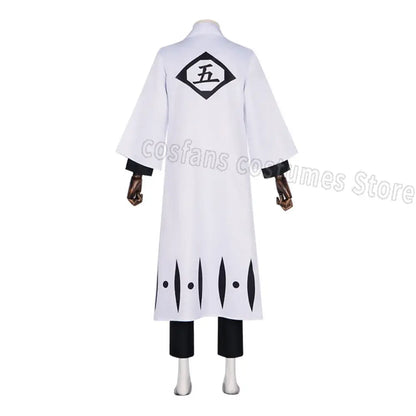 Back of white long captain robe with black diamond emblem and trim for aizen sousuke costume set cosplay