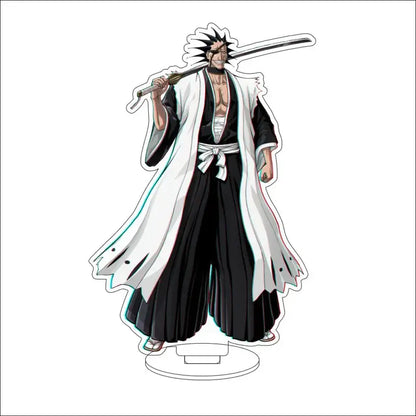 Black and white acrylic bleach character standee of ichigo kurosaki in shinigami uniform with sword over shoulder 16cm display figure