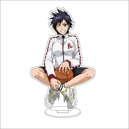 Bleach character acrylic standee featuring a cartoon in a white and maroon athletic jacket holding an orange basketball