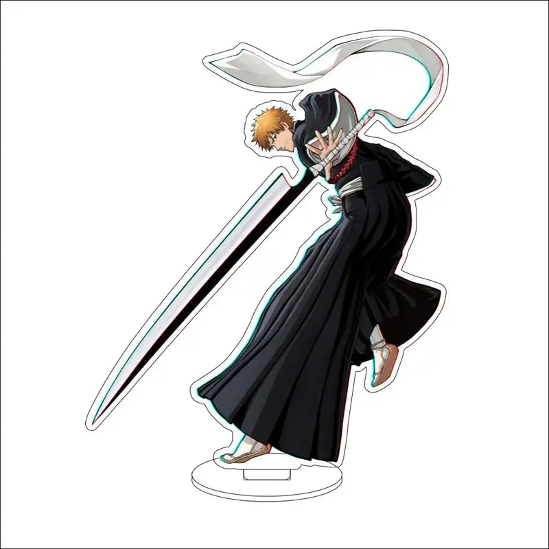 Black acrylic standee of bleach character ichigo kurosaki in shinigami uniform with sword and flowing white scarf 16cm