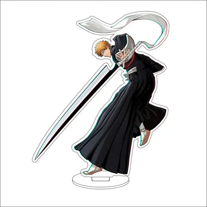 Black acrylic standee of bleach character ichigo kurosaki in shinigami uniform with sword and flowing white scarf 16cm
