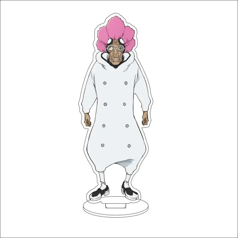 White acrylic bleach character standee featuring pink afro hair and goggles wearing a long white coat 16cm figure