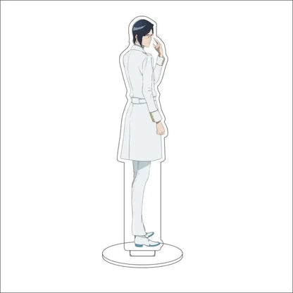 White acrylic bleach character standee featuring an anime figure in a long coat with dark hair and light shoes, 16cm tall
