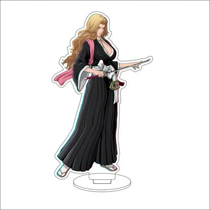 Black and pink acrylic bleach character standee of yoruichi shihoin in formal shinigami attire with sword, 16cm display figure