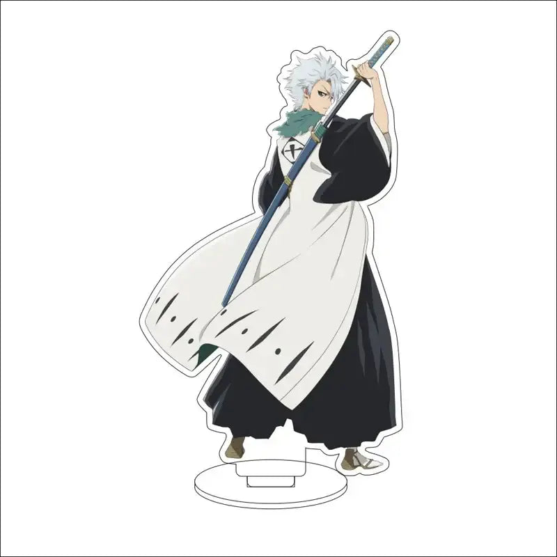 Bleach character acrylic standee of ichigo kurosaki holding a sword with green scarf 16cm black and white figure