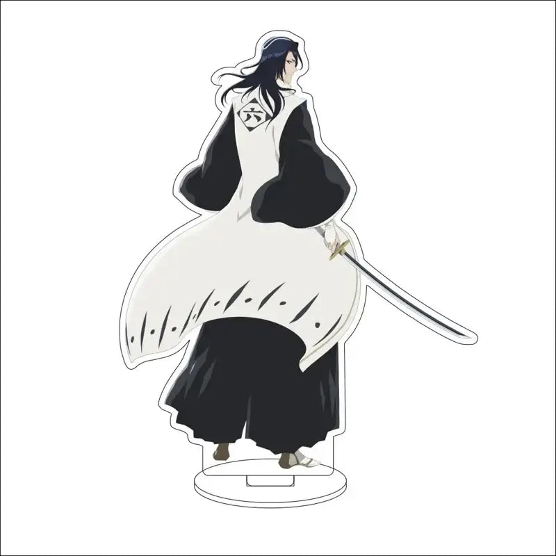 Black and white acrylic standee of bleach character byakuya kuchiki in formal shinigami uniform with sword at side 16cm display figure