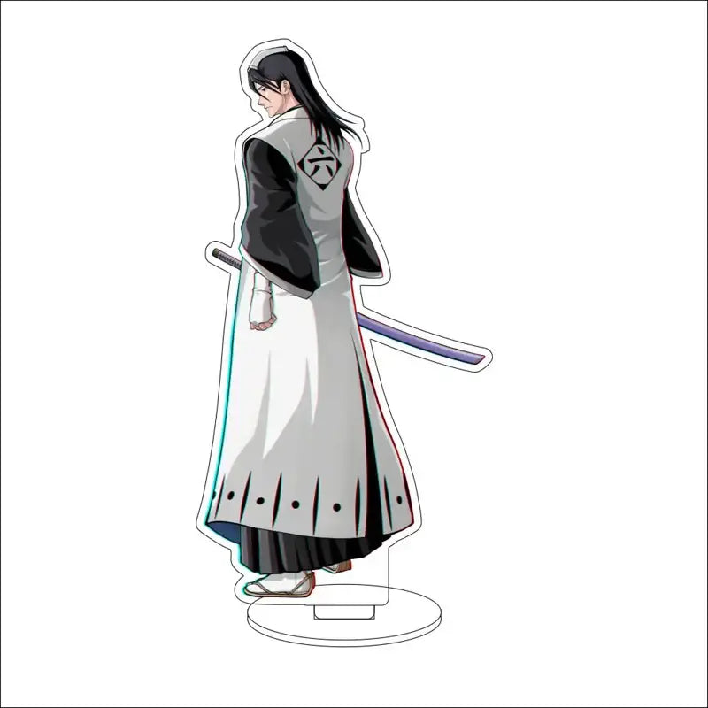 Bleach character acrylic standee showing the back with white and black shinigami uniform and purple sword