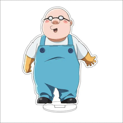Bleach character acrylic standee featuring a cartoon figure wearing blue overalls with dark blue buttons 16cm tall