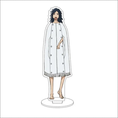 White acrylic standee of bleach character wearing long fringed coat with button details 16cm display figure