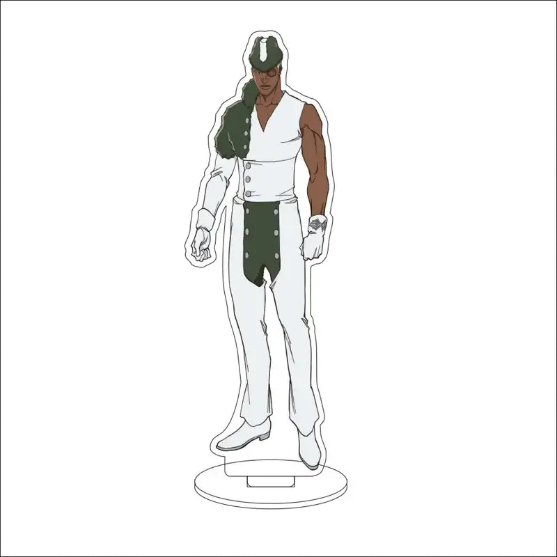 White and green acrylic bleach character standee featuring a muscular anime figure in a white vest with dark green accents
