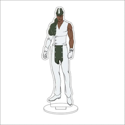 White and green acrylic bleach character standee featuring a muscular anime figure in a white vest with dark green accents