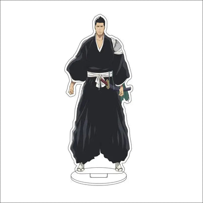 Black acrylic bleach character standee of ichigo kurosaki in shinigami uniform with white obi and sword at hip