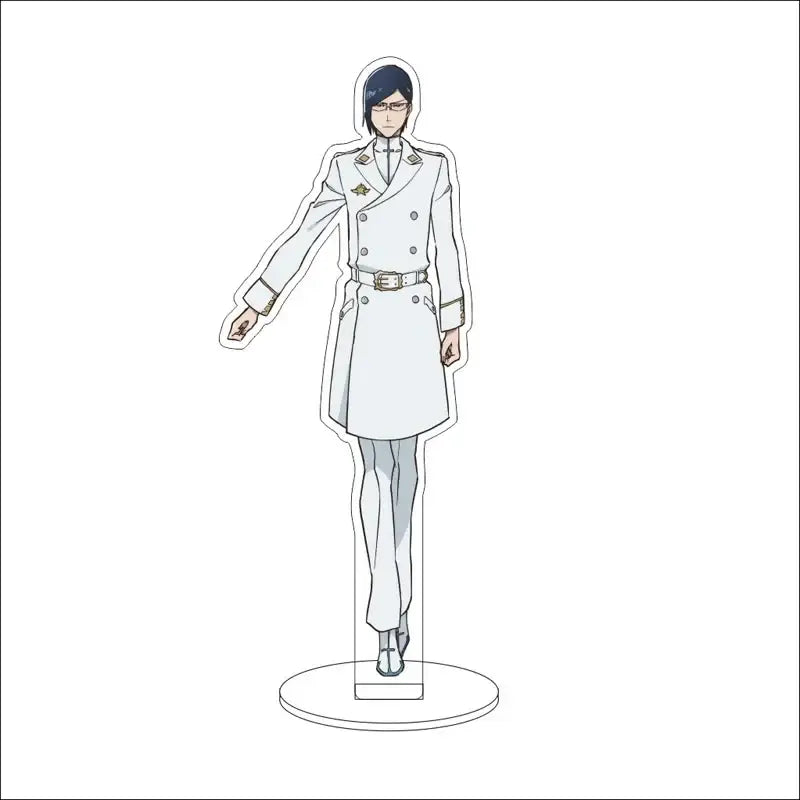 White acrylic standee of bleach character with dark blue hair glasses wearing double-breasted coat 16cm display figure