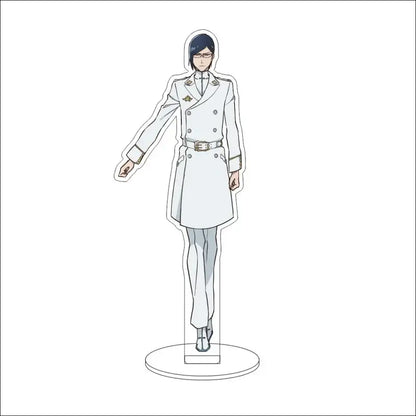 White acrylic standee of bleach character with dark blue hair glasses wearing double-breasted coat 16cm display figure