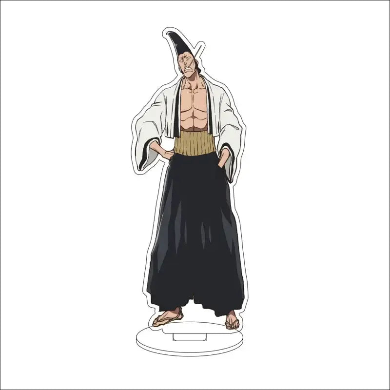 White acrylic bleach character standee of kenpachi zaraki in black and white shinigami uniform with tall hat 16cm