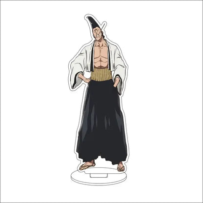White acrylic bleach character standee of kenpachi zaraki in black and white shinigami uniform with tall hat 16cm