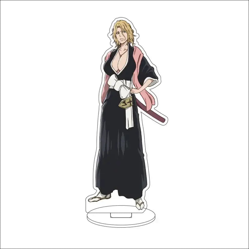 Bleach character translucent acrylic standee of a blonde anime character in black and pink traditional outfit on circular base