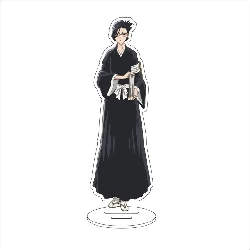 Black and white acrylic standee of bleach character in traditional attire holding scrolls 16cm display figure