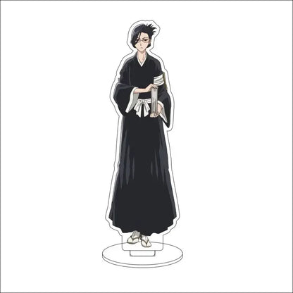 Black and white acrylic standee of bleach character in traditional attire holding scrolls 16cm display figure