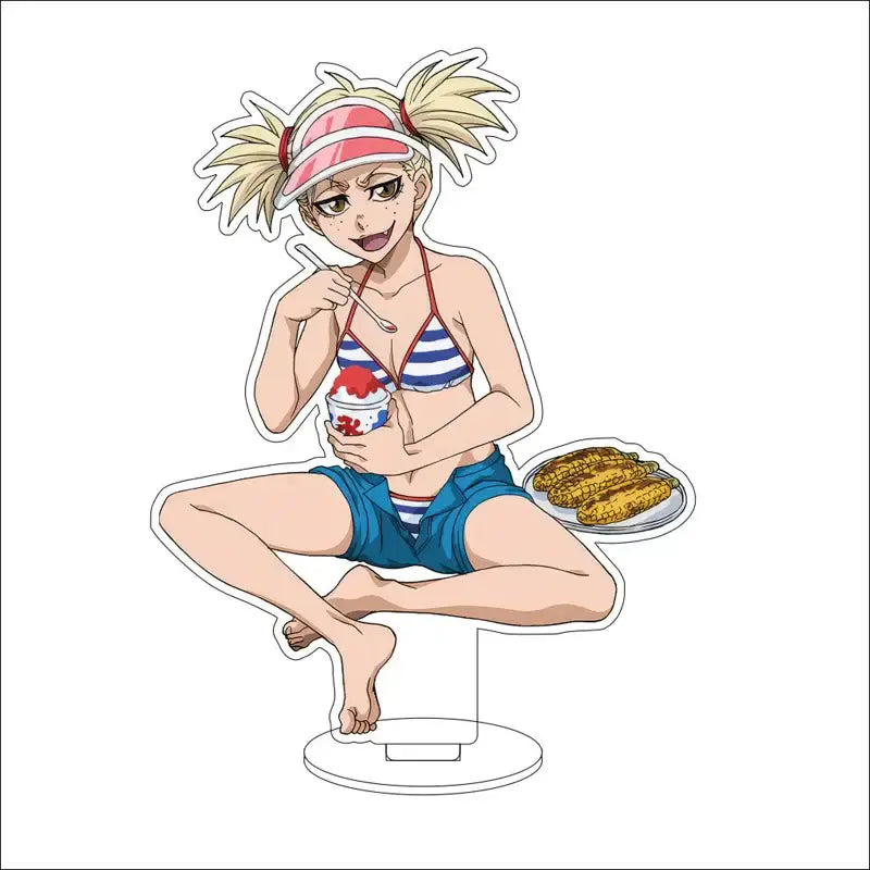Bleach character acrylic standee 16cm featuring a blue and white striped bikini top with matching shorts and pink visor