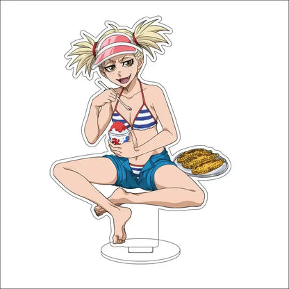 Bleach character acrylic standee 16cm featuring a blue and white striped bikini top with matching shorts and pink visor