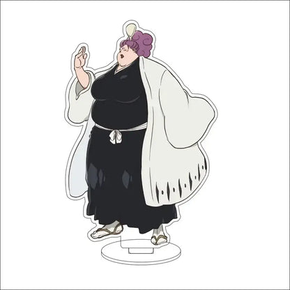 Bleach character acrylic standee featuring a purple-haired stout anime figure in black and white traditional outfit with flowing white robe