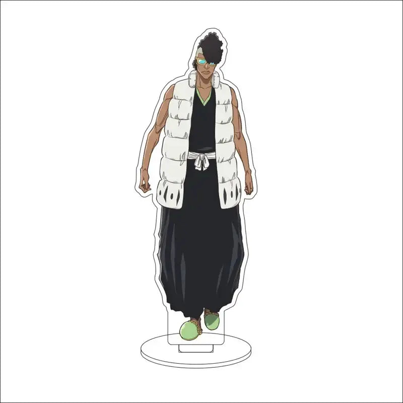 Bleach character acrylic standee featuring an anime figure wearing a white puffer vest with black accents on a clear base