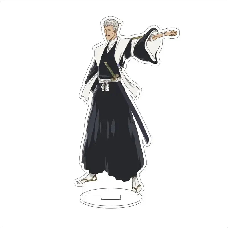 Black and white acrylic standee of bleach character ichigo kurosaki in soul reaper uniform with silver hair and sword at waist