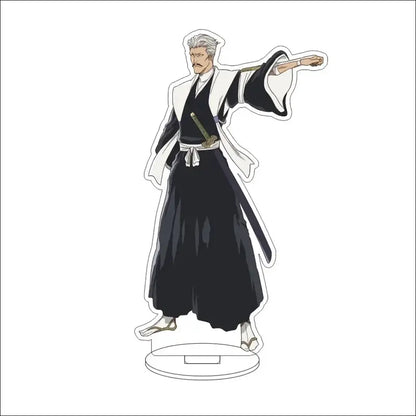Black and white acrylic standee of bleach character ichigo kurosaki in soul reaper uniform with silver hair and sword at waist