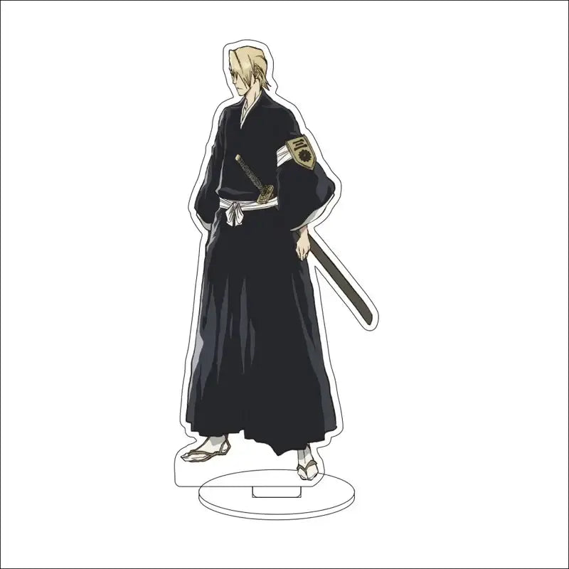Black acrylic bleach character standee of blonde anime character in traditional attire with sword 16cm display figure