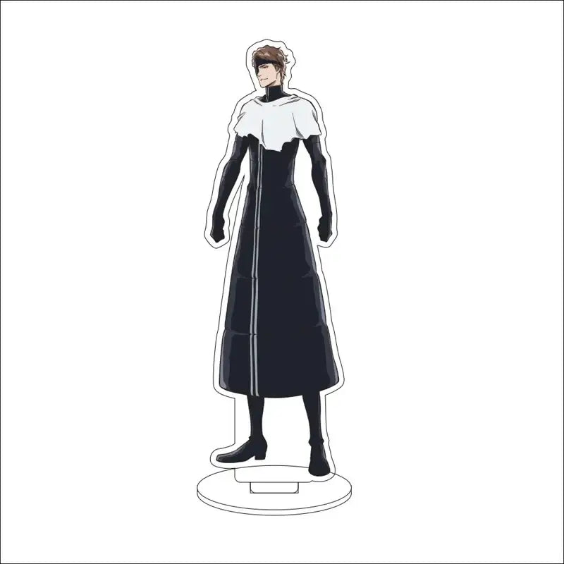 Black and white acrylic standee of bleach character in long coat with fur collar 16cm display figure