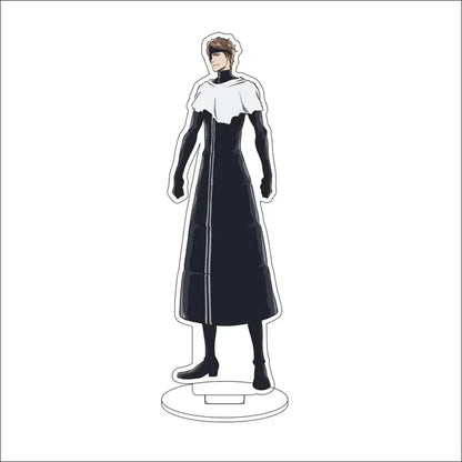 Black and white acrylic standee of bleach character in long coat with fur collar 16cm display figure