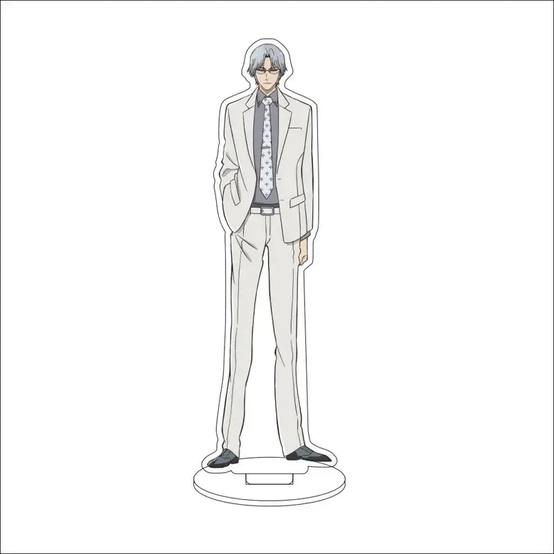 Bleach character acrylic standee featuring a sleek silver-haired anime figure in a gray suit with patterned tie and black shoes