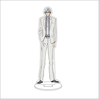 Bleach character acrylic standee featuring a sleek silver-haired anime figure in a gray suit with patterned tie and black shoes