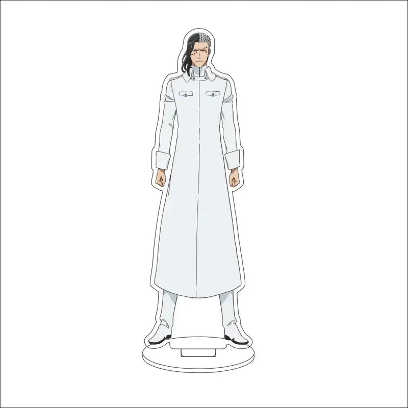 White acrylic standee of bleach character with black hair silver-gray face markings and long coat 16cm display figure