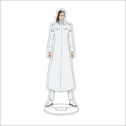 White acrylic standee of bleach character with black hair silver-gray face markings and long coat 16cm display figure