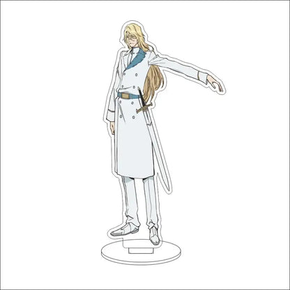 White acrylic standee of a blonde bleach character in a long coat with sword 16cm display figure