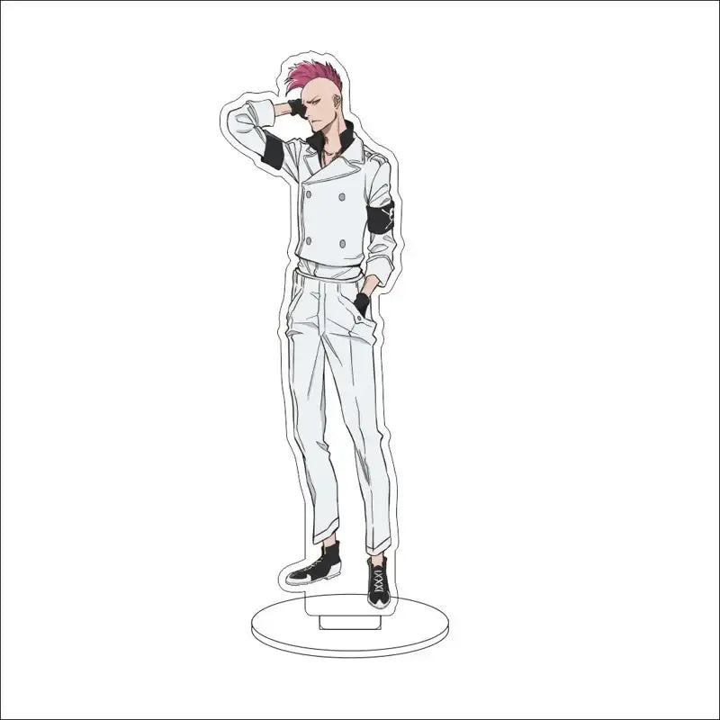 A pink-haired bleach character acrylic standee featuring a white double-breasted jacket and black accents on a circular base