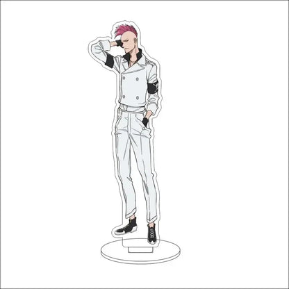 A pink-haired bleach character acrylic standee featuring a white double-breasted jacket and black accents on a circular base