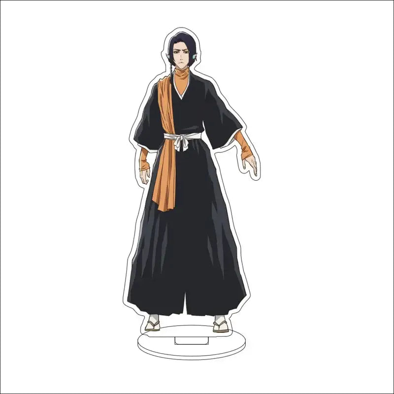 Bleach character acrylic standee showing a black and orange anime figure in a robe with sash white belt and sandals