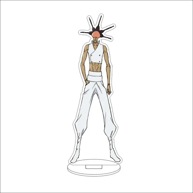 White acrylic bleach character standee with black spiky hair and orange head wearing white sleeveless vest and pants 16cm