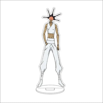 White acrylic bleach character standee with black spiky hair and orange head wearing white sleeveless vest and pants 16cm