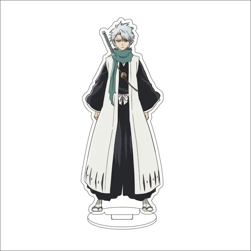 Bleach character acrylic standee 16cm featuring ichigo kurosaki in black and white with teal scarf and long coat