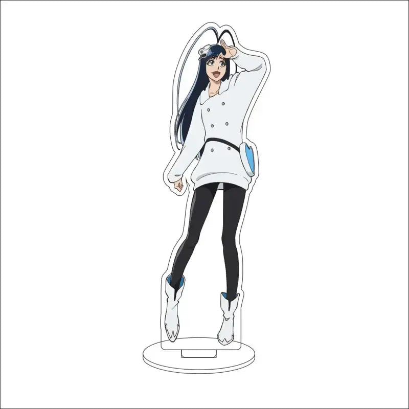 White acrylic standee of bleach character with long dark hair wearing white coat and black leggings 16cm display figure