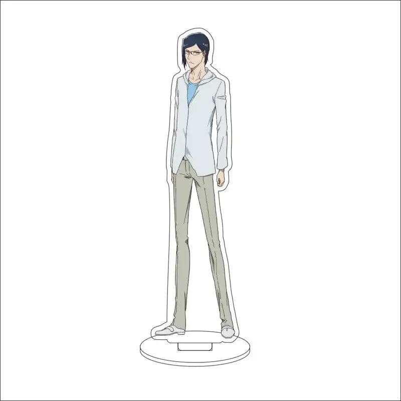 Bleach character acrylic standee featuring a 16cm figure with dark hair glasses wearing a gray hoodie over blue shirt