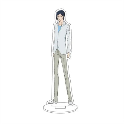Bleach character acrylic standee featuring a 16cm figure with dark hair glasses wearing a gray hoodie over blue shirt