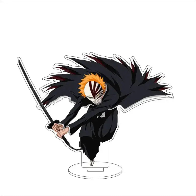 Bleach character black and orange anime figurine with spiky hair and white mask holding sword on clear acrylic standee
