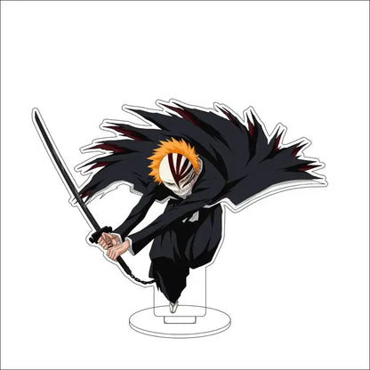 Bleach character black and orange anime figurine with spiky hair and white mask holding sword on clear acrylic standee