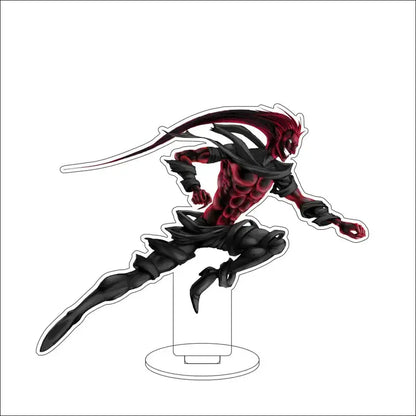 A dynamic red and black bleach character acrylic standee with muscular build flowing cape and detailed armor on acrylic base