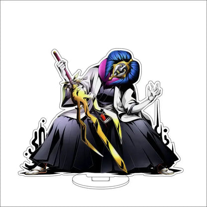 Bleach character acrylic standee featuring blue-haired anime figure with golden mask and sword in black and white attire